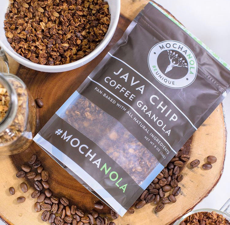Mocha Nola Java Chip Coffee Granola package with coffee beans and granola